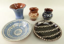FIVE ITEMS OF EWENNY POTTERY comprising two 'Llaeth' jugs, a tulip shaped vase and two shallow