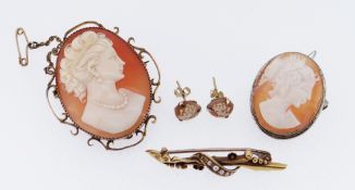 CAMEO SHELL JEWELLERY & BAR BROOCH, including pair 9ct cameo earstuds, 2 oval cameo neck brooches in