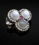 VICTORIAN MOONSTONE, RUBY & DIAMOND BROOCH of trefoil foliate design, 3cms long, 8.7gms,