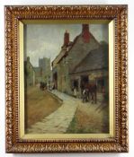 JOHN LANGTON BARNARD (1853-1902) oil on panel - Farrier shoeing a horse on a cobbled street, signed,