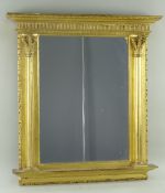 19TH CENTURY GILT GESSO TABERNACLE MIRROR, fluted frieze above Corinthian column flanking the plate,