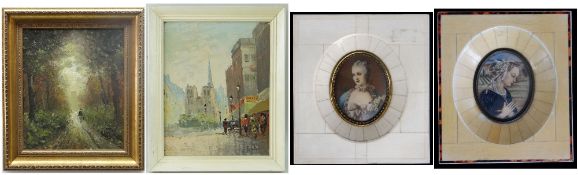 ASSORTED PICTURES, including two Italian antique-style portrait miniatures, and two Continental