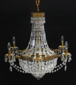 19TH CENTURY STYLE SIX-LIGHT TENT & BAG CUT GLASS CHANDELIER, 70cms high x 70cms diameter, some
