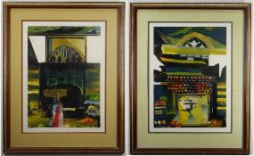 PRITAM DEUSKAR (Indian, 20th Century) limited edtion (4/4 & 2/4) linocuts - Fruit seller before an