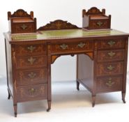 VICTORIAN MARQUETRY WRITING DESK with tooled leather surface, two stationery boxes, and an
