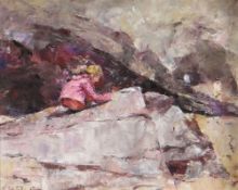NICHOLAS ST. JOHN ROSSE R.S.M.A. (b.1945) oil on board - Rockpooling, a girl in pink coat on a beach