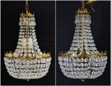 PAIR OF SMALL GILT METAL & CUT GLASS TENT & BAG CHANDELIERS, 46cms high x 31cms diameter (2)