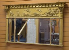 EARLY 19TH CENTURY NEO CLASSICAL-STYLE TRIPLE PLATE OVER MANTEL MIRROR, beaded cavetto cornice above