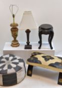 OCCASIONAL FURNISHINGS, including small Chinese vase stand, camel stool, leather pouffe, and two