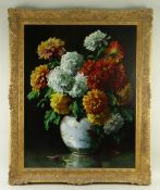 LEONARD CARR COX oil on canvas - still life study of colourful chrysanthemums in a Chinese jar,