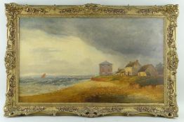 W. BUTLER oil on canvas - shoreline houses, figures and sailing boats, possibly Swansea Bay,