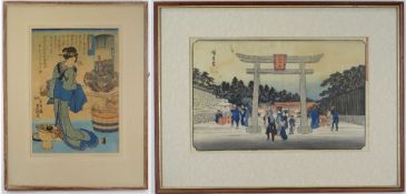 UTAGAWA KUNISADA (TOYOKUNI III, 1786-1864), oban tate-e, depicting a lady preparing cosmetics,