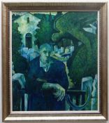 TIM SAINSBURY oil on board - Jacob and the Angel, a gardener with scythe beside a topiary hedge in a