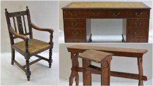 ASSORTED FURNITURE, comprising oak armchair with rush seat, oak Gothic-style Prie Dieu, another
