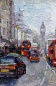 LANA OKIRO oil on board - Rush Hour Whitehall, signed, DeMontfort Fine Art label verso, 45 x 30cms