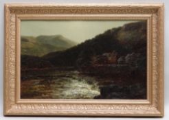 JAMES BURRELL SMITH oil on canvas - river landscape at night with cottages (possibly upper reaches