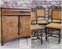 WALNUT COMMODE & SET OF CHAIRS,