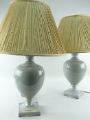 PAIR MODERN CELADON GLAZED TABLE LAMPS, with pleated silk shades, 38cms high (excluding shades) (2)