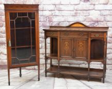EDWARDIAN MAHOGANY MARQUETRY SIDE CABINET with raised back, fitted frieze drawers and cupboard on