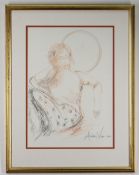 ANDREW VICARI red and grey pencil - three quarter portrait of female, semi-clad in floral drape,