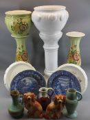 FLAXMAN WARE POTTERY JUG, 19cms tall, another similar, a pair of Staffordshire dogs, jardinieres and