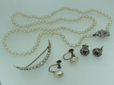 PEARL JEWELLERY, 3 ITEMS and a pair of sapphire set floral earrings to include a single strand