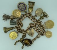 9CT GOLD CHARM BRACELET WITH 15CT GOLD PADLOCK CLASP & 13 CHARMS including a folded up one pound