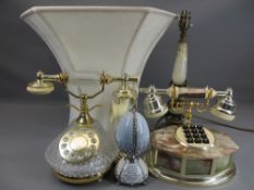 ORNAMENTAL TELEPHONES, onyx and brass table lamp and a 'Heirloom porcelain music egg collection'