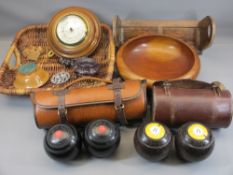 TREEN - walnut sliding bookrack, wall barometer, wicker basket, two sets of cased bowls, ETC