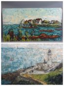 INDISTINCTLY SIGNED acrylics on board (2) - Impressionistic coastal views, 46 x 81cms and 46 x