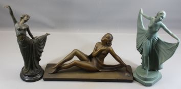 ART DECO FIGURINES (3) - a bronze dancing figure on a marble plinth After Dimitri Chiparus, bears