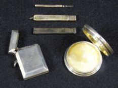SILVER - SMALL, 4 ITEMS and a white metal toothpick to include a vesta case inscribed '14th February