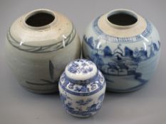 CHINESE GINGER JARS - two with no lids, 16cms the tallest and a later lidded vase