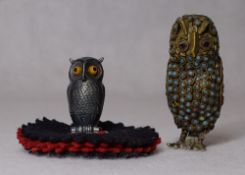 SILVER SAMPSON MORDAN & CO NOVELTY OWL PIN CUSHION and a vintage brass owl set with semi-precious