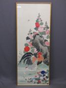 ORIENTAL PAINTED SILKWORK PANEL - depicting a cockerel and hen with chicks before a floral adorned