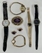 VICTORIAN 9CT GOLD MOUNTED LARGE AMETHYST BROOCH, a pair of earrings with five various lady's