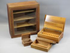 TREEN - vintage oak shelved single door tabletop cabinet, cigarette box and two other boxes
