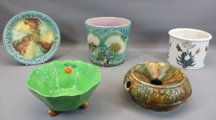 MAJOLICA TYPE PLANTER & PLATE, Portmeirion planter, Beswick Greenleaf dish and an old spittoon