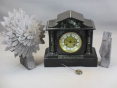 SLATE MANTEL CLOCK - with marble front, brass bezel and Roman numerals on a painted and brass