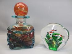 MDINA SIGNED DECANTER & STOPPER 20cms H with Murano ?? style aquarium fish paper weight, 12cms H