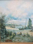 CLAUDE WANE oil on board - fishermen at Cemaes Bay entitled 'The Beach Cemaes NW', 39.5 x 32cms,