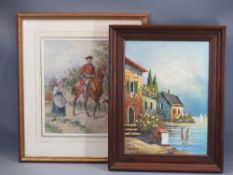 MARKEY oil on canvas - continental harbour scene, 33 x 27cms and GUSTAVE-DAVID watercolour - a man