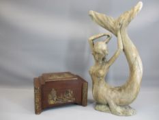 CHINESE ART DECO STYLE TEA CADDY TYPE BOX together with a Thai style carving of a mermaid