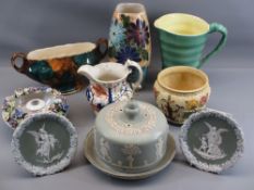WEDGWOOD JASPERWARE TYPE POTTERY including a circular cheese dish, lustre vase, Blue Waters