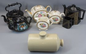 SADLER ROSE DECORATED THREE PIECE TEASET, Jackfield type teapots and a stoneware hot water bottle