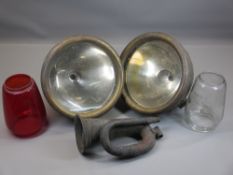 VINTAGE SPOTLIGHTS - metal based, a pair, 26cms diameter, an old bugle, ETC