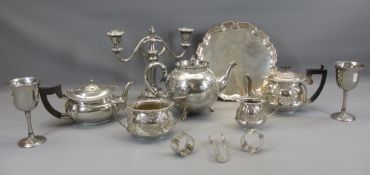 EPNS EMBOSSED THREE PIECE TEA SERVICE, bullet shaped teapot, EPNS calling card tray and other plated
