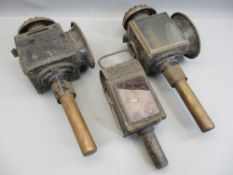 ANTIQUE COACHING LAMPS, A PAIR and an old workman's lamp marked 'Dumtath'