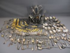 EPNS LOOSE & OTHER CUTLERY, pewter ware, EPNS hot water pot and tray on a two-handled wooden tray