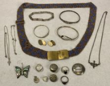 SILVER JEWELLERY - a mixed quantity, pair of 9ct on silver gent's cufflinks and a brass buckled